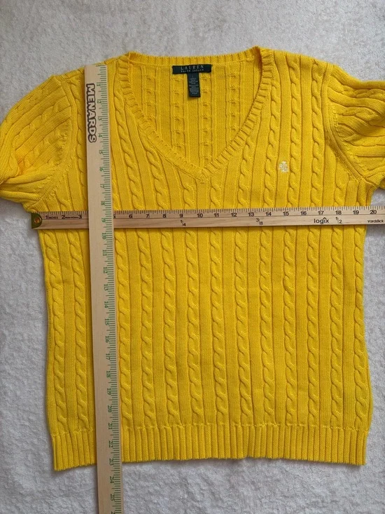 Lauren Ralph Lauren Cotton Bright Yellow V-neck Cable Knit Sweater - Picture 7 of 12